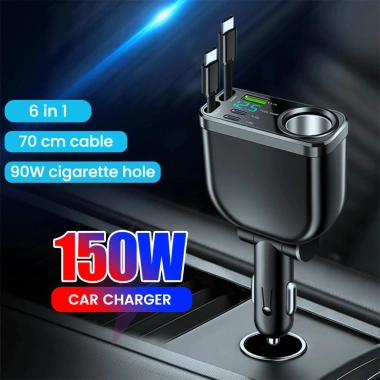 Bộ sạc ô tô 150W 6 trong 1, cáp kép Type-C 70cm, sạc nhanh cho Samsung, Huawei - Giá ưu đãi 258k