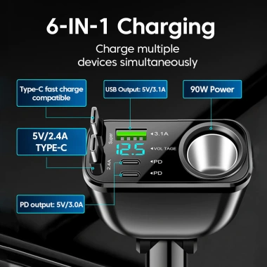 Bộ sạc ô tô 150W 6 trong 1, cáp kép Type-C 70cm, sạc nhanh cho Samsung, Huawei - Giá ưu đãi 258k