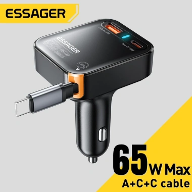 Bộ sạc ô tô 3 trong 1 Essager 65W – Type‑C + USB A + Cáp tích hợp, sạc nhanh, giảm giá 16%