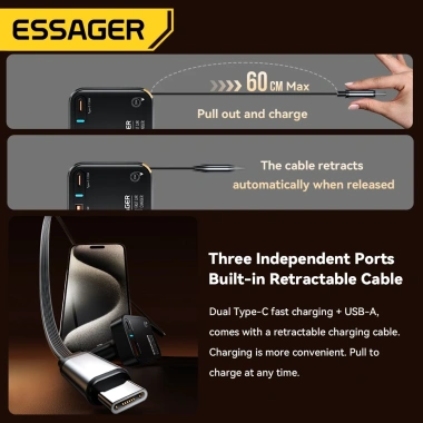Bộ sạc ô tô 3 trong 1 Essager 65W – Type‑C + USB A + Cáp tích hợp, sạc nhanh, giảm giá 16%