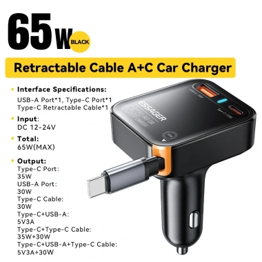 Bộ sạc ô tô 3 trong 1 Essager 65W – Type‑C + USB A + Cáp tích hợp, sạc nhanh, giảm giá 16%
