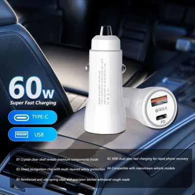 Bộ sạc ô tô 60W - Sạc nhanh chip, tương thích điện thoại & máy tính bảng 2