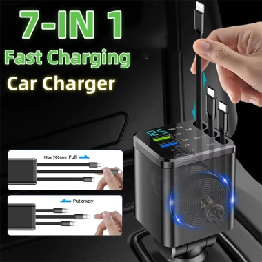 Bộ sạc ô tô 7 trong 1 USB Type-C sạc nhanh 120W, có cáp và đèn LED, 206.800 VND