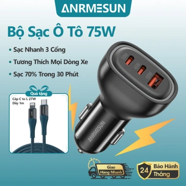 Bộ sạc ô tô 75W ANRMESUN 3 cổng USB Type-C PD QC3.0, sạc nhanh 12-24V, an toàn cho Samsung và iPhone – chỉ 67.000đ