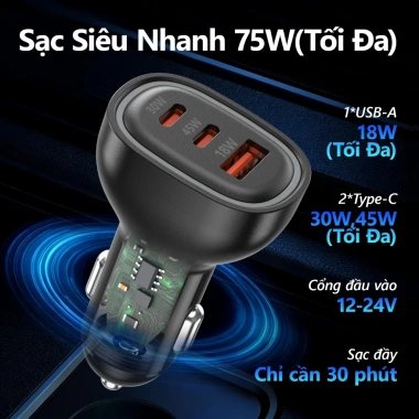 Bộ sạc ô tô 75W ANRMESUN 3 cổng USB Type-C PD QC3.0, sạc nhanh 12-24V, an toàn cho Samsung và iPhone – chỉ 67.000đ