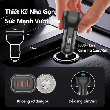 Bộ sạc ô tô 75W ANRMESUN 3 cổng USB Type-C PD QC3.0, sạc nhanh 12-24V, an toàn cho Samsung và iPhone – chỉ 67.000đ