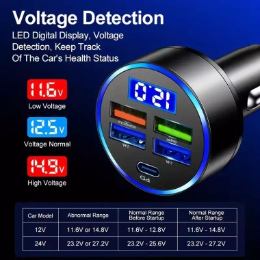 Bộ sạc ô tô PD QC3.0 sạc nhanh 5 cổng, màn hình kỹ thuật số - 1-6 ổ cắm, giá ưu đãi 57.200₫