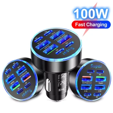 Bộ sạc ô tô USB C Type C 8 cổng siêu nhanh, phát hiện điện áp, hiển thị kỹ thuật số - Giá chỉ 83.600 VND