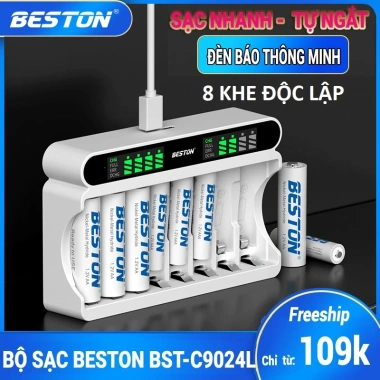 Bộ sạc pin AA AAA Beston C9.024L 8 khe sạc nhanh tự ngắt - Giá chỉ 58.200₫ 2
