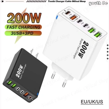 Bộ sạc siêu nhanh 200W 3 USB + 3 Type-C QC3.0, hỗ trợ du lịch, giá 166.613₫