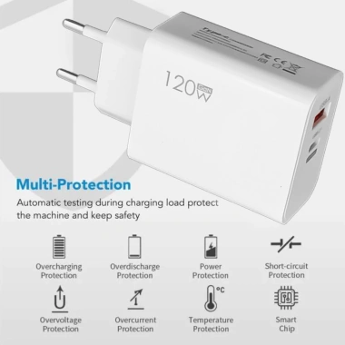 Bộ sạc siêu nhanh USB-C 120W EU US UK Du lịch đa năng 2 cổng PD67W+QC3.0 kèm cáp 8