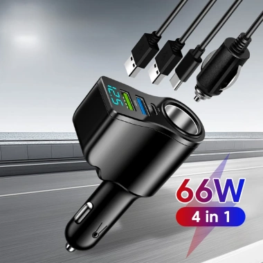 Bộ sạc xe hơi đa chức năng 66W 4 cổng PD 3.1, USB và Type C kép, sạc nhanh, hỗ trợ màn hình kỹ thuật số, giá chỉ 89.273₫