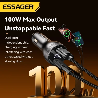 Bộ sạc xe hơi ESSAGER 100W Flash màn hình kỹ thuật số, hỗ trợ PD3.0 QC3.0 QC4.0 SuperVOOC VIVO - Giá 167.300₫