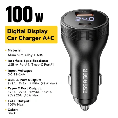 Bộ sạc xe hơi ESSAGER 100W Flash màn hình kỹ thuật số, hỗ trợ PD3.0 QC3.0 QC4.0 SuperVOOC VIVO - Giá 167.300₫