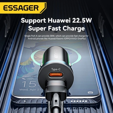 Bộ sạc xe hơi Essager 30W Type‑C FSAT PD QC3.0 cho Xiaomi, Samsung - Giá chỉ 106.700₫