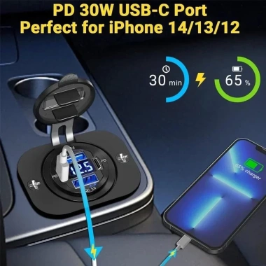 Bộ sạc xe hơi nhanh 4 cổng 96W PD3.0+QC3.0, màn hình LED, chống nước, tương thích iPhone Samsung Huawei 3
