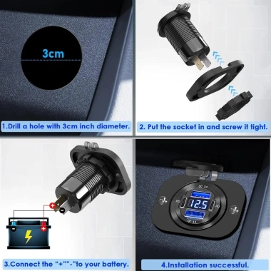 Bộ sạc xe hơi nhanh 4 cổng 96W PD3.0+QC3.0, màn hình LED, chống nước, tương thích iPhone Samsung Huawei 7