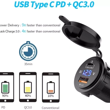 Bộ sạc xe hơi USB 3.0 PD Type‑C 12V nhanh, đèn LED & vôn kế kỹ thuật số, tương thích ô tô - chỉ 86.900₫