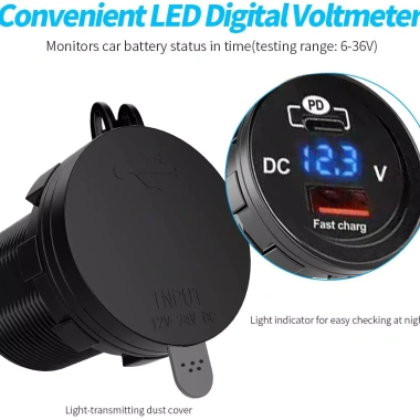 Bộ sạc xe hơi USB 3.0 PD Type‑C 12V nhanh, đèn LED & vôn kế kỹ thuật số, tương thích ô tô - chỉ 86.900₫