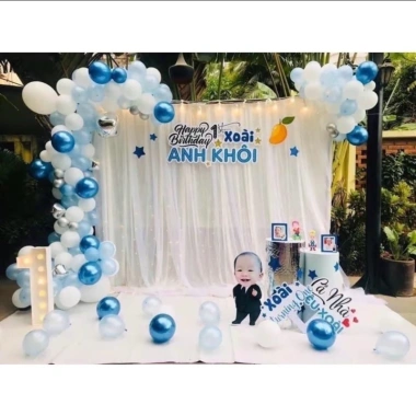 Bộ sét bóng LED trang trí sinh nhật, thôi nôi, đầy tháng kèm rèm và bảng tên thiết kế cho bé trai và bé gái