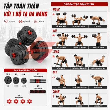 Bộ tạ tập gym đa năng cao cấp lắp ghép 10-40kg - Tập vai, tay, ngực - Giá chỉ 260k