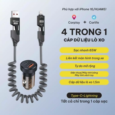 Bộ tẩu sạc ô tô ViGear VG-36 trong suốt 4in1 QC3.0 PD3.0 PPS, USB-C & USB-A - Sạc nhanh 189k