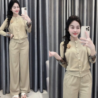 Bộ Tết Sét chất tăm hàn áo cài tay dài và quần suông cạp cao size S-XL 40-70kg 230k