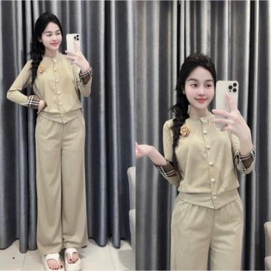 Bộ Tết Sét chất tăm hàn áo cài tay dài và quần suông cạp cao size S-XL 40-70kg 230k