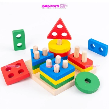 Bộ thả hình khối 4 cọc trụ gỗ Đồ chơi trí tuệ học hình, màu sắc, giá 36.000đ 3