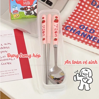 Bộ thìa đũa dĩa Sweetlife inox, hộp đựng văn phòng, họa tiết dâu tây - 36.000₫ 8