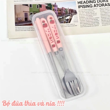 Bộ thìa đũa dĩa Sweetlife inox, hộp đựng văn phòng, họa tiết dâu tây - 36.000₫ 10