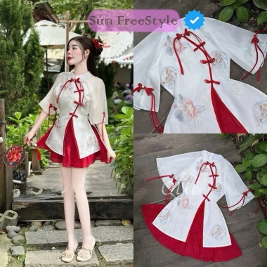 Bộ tơ thêu trắng kem đỏ sún cổ tay lỡ thêu hoa, váy xòe nhẹ 40cm áo 69cm - chỉ 243k