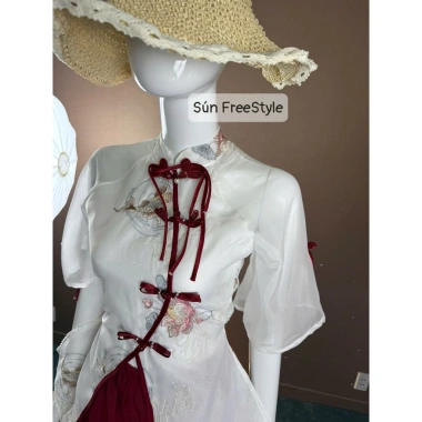 Bộ tơ thêu trắng kem đỏ sún cổ tay lỡ thêu hoa, váy xòe nhẹ 40cm áo 69cm - chỉ 243k