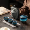 Bộ Trà Du Lịch Men Xanh Hoàng Thiện Cao, Túi Xách Chống Sóc, 3 Cốc Nhỏ Gọn, Pha Trà Ngoài