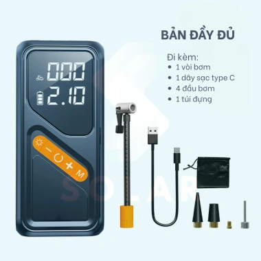Bơm lốp ô tô SOLAR HR012 80W màn LED, đèn sạc dự phòng, động cơ siêu nạp 620k