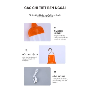 Bóng đèn LED sạc tích điện 150W siêu sáng dùng 6-8h, có móc treo, giá 46.000 VND 4