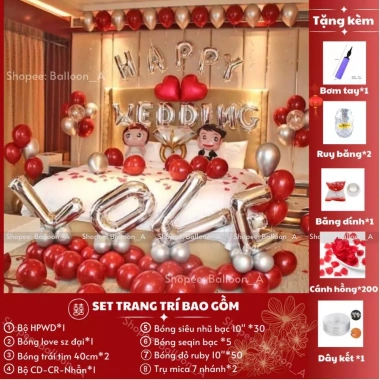 Bóng Trang Trí Phòng Cưới + Bóng Bay - Tặng 100 Cành Hoa Hồng Lụa - Giá 150k 9