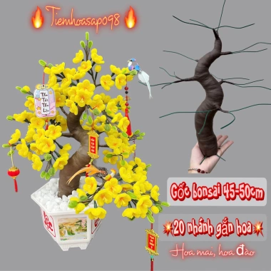 Bonsai giả Kẽm Nhung 45-50cm 20 nhánh hoa Mai Đào, trang trí Tết, giá 44.000đ