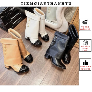 Bốt cúc cổ ngắn nữ da lỳ mềm, gót trụ 7p, cổ váy đính cúc, phối mũi bóng - 499k