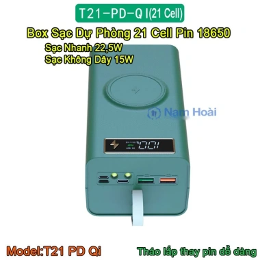 Box sạc dự phòng 21 cell 18.650 T21 - Sạc nhanh 22.5W, không dây 15W - 219.000 VND