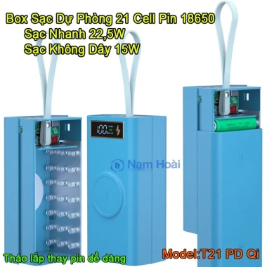 Box sạc dự phòng 21 cell 18.650 T21 - Sạc nhanh 22.5W, không dây 15W - 219.000 VND