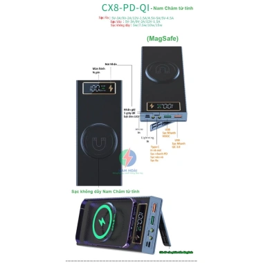 Box sạc dự phòng 8 cell 18.650 CX8 - Sạc nhanh 22.5W + Sạc không dây 15W nam châm, chỉ 129.000₫