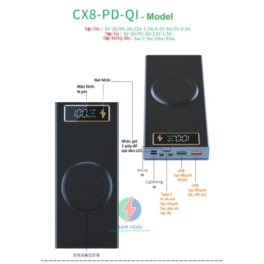 Box sạc dự phòng 8 cell 18.650 CX8 - Sạc nhanh 22.5W + Sạc không dây 15W nam châm, chỉ 129.000₫ 3 Box sạc dự phòng 8 cell 18.650 CX8 - Sạc nhanh 22.5W + Sạc không dây 15W nam châm, chỉ 129.000₫ 3