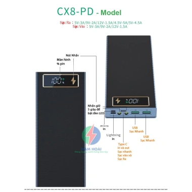 Box sạc dự phòng 8 cell 18.650 CX8 - Sạc nhanh 22.5W + Sạc không dây 15W nam châm, chỉ 129.000₫ 4 Box sạc dự phòng 8 cell 18.650 CX8 - Sạc nhanh 22.5W + Sạc không dây 15W nam châm, chỉ 129.000₫ 4