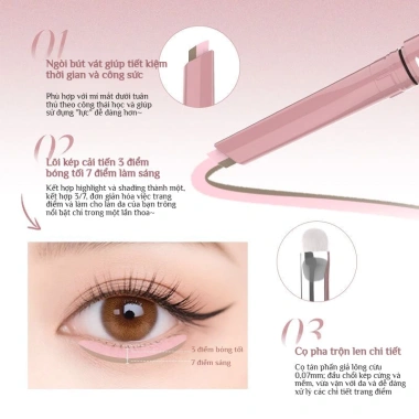 Bút Highlight Hàn 2 đầu tự nhiên, chỉnh bóng sáng mắt, chống nước mồ hôi 100% + tặng chổi - 69k
