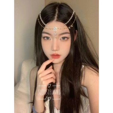Cài trán dây đôi kẹp đá hoa bất đối xứng - Vòng đeo đầu cosplay cổ trang giá hời