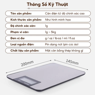 Cân bếp điện tử 0.1g/5kg mặt inox chịu nước, chức năng trừ bì - Giá chỉ 99.000đ
