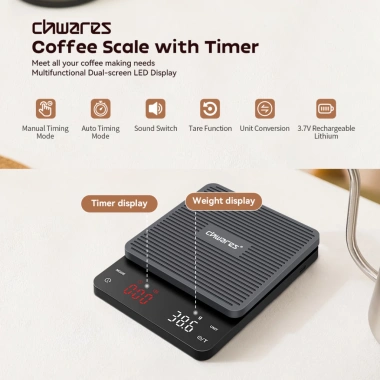 Cân cà phê điện tử CHWARES 3kg 0,1g hẹn giờ, đệm silicon, pha cà phê & nướng bánh