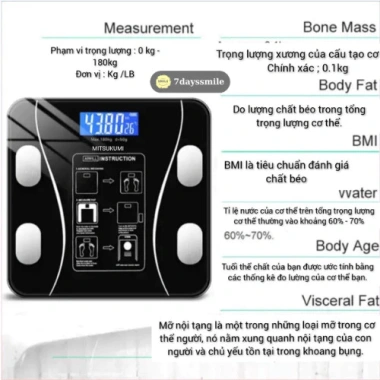 Cân Điện Tử 7Days Smile Sạc USB Bluetooth Phân Tích Chỉ Số Cơ Thể Giá 76.800đ