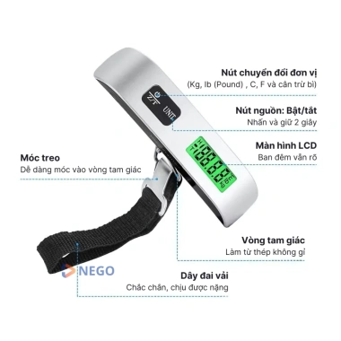 Cân điện tử cầm tay mini, tải 50kg, độ chính xác 10g, móc treo & đai buộc - Nego 3